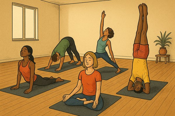 5 persons of different skin tone on yoga mats, each practising a different yoga asana.