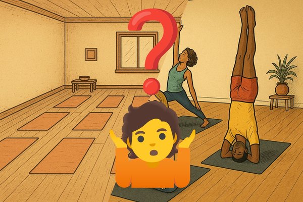 Two images combined to one in the center.  One empty yoga room with mats, one with people in yoga poses.  Aquestion mark and a shrugging person in the center.