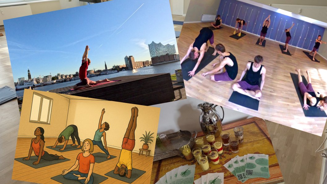A collage of images showing yoga pose, drinks, yoga room, and a yoga cartoon illustration.