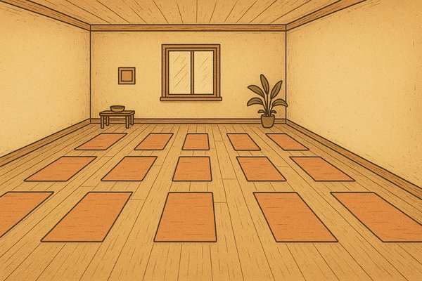 Gezeichneter Yogaraum mit 15 Yogamatten gerade ausgerichtet.